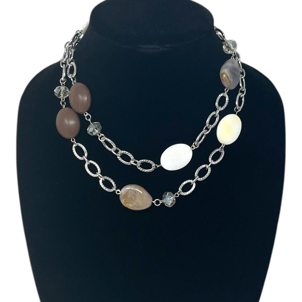 Chico’s Long Mixed Bead Silver Chain Necklace 34” NWOT